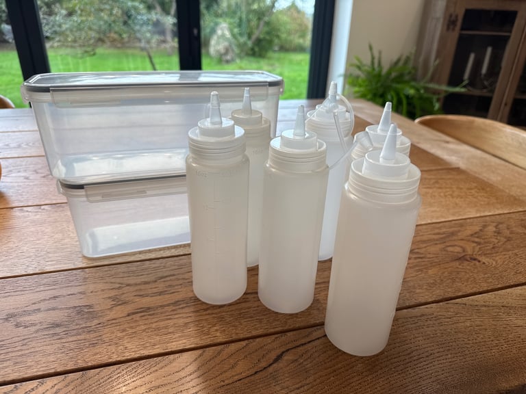 Plastic storage bottles and tubs