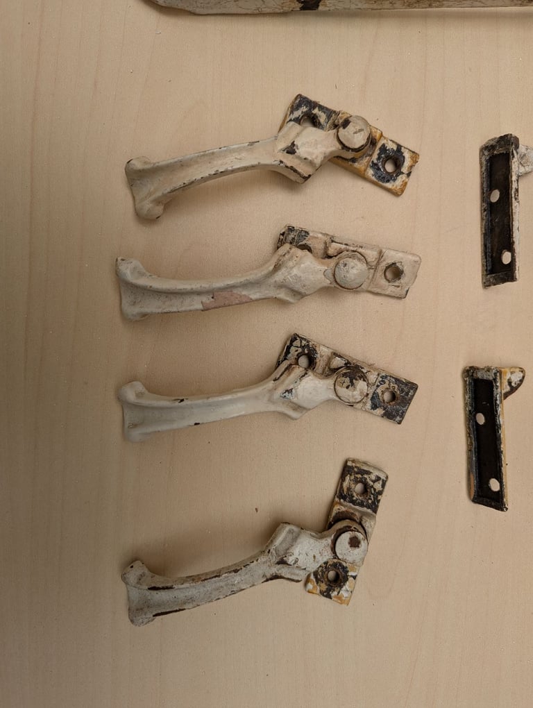 Bundle Vintage 1930's Cast Iron Monkey Tail Window Stays, Window Catches & Posts