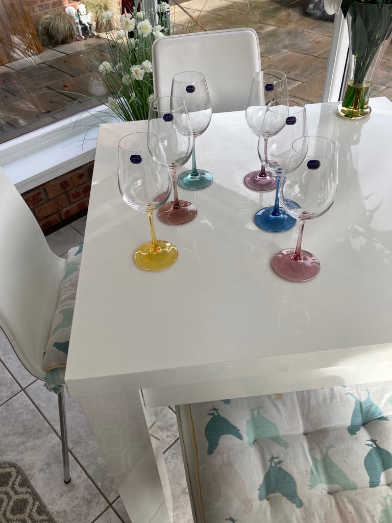 6 Bohemian Crystal Glass Coloured Stem Wine Glasses