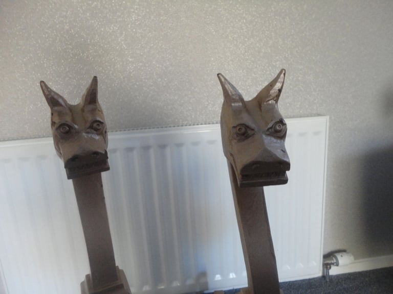 pair of heavy hand forged vintage ornate fire dogs , Andiron, wood burning fire 