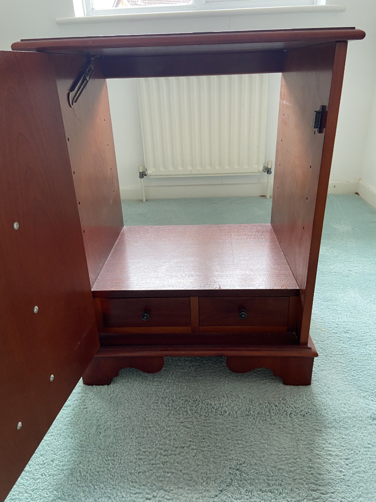 Drinks cabinet with hinged lift up lid, shelf and 2 drawers