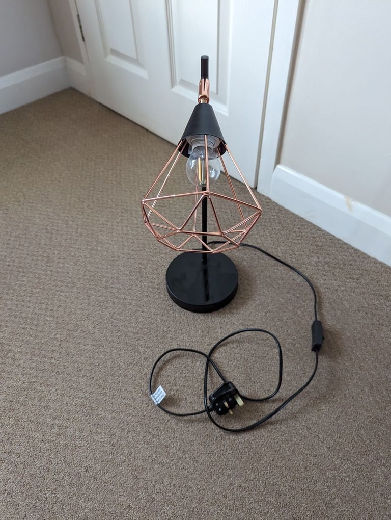 Copper Industrial Cage Table lamp in excellent condition with vintage filament bulb