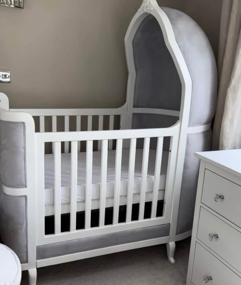 Louis XV Lola Baby Crib Cot bed – French White & Grey Velvet antique , shabby chic with mattress