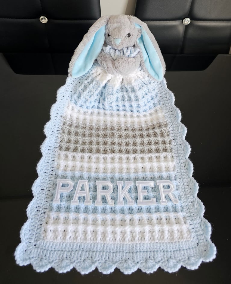 Crochet Baby Comfort Blanket, Personalised, Girls and Boys colours available