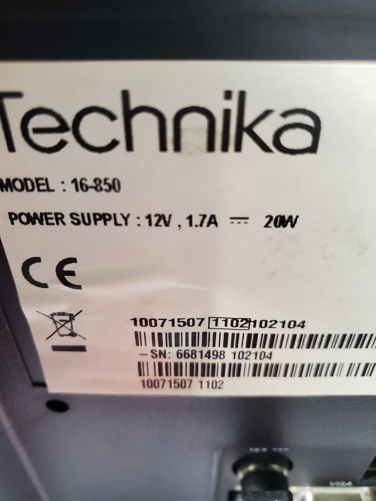 TECHNIKA 16 INCH 12 VOLT TV AND DVD COMBI. 