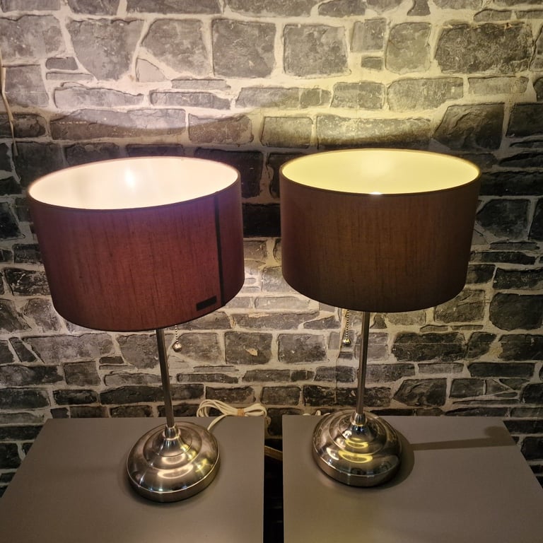 Pair of Modern Chrome Table Lamps with Brown Fabric Shades