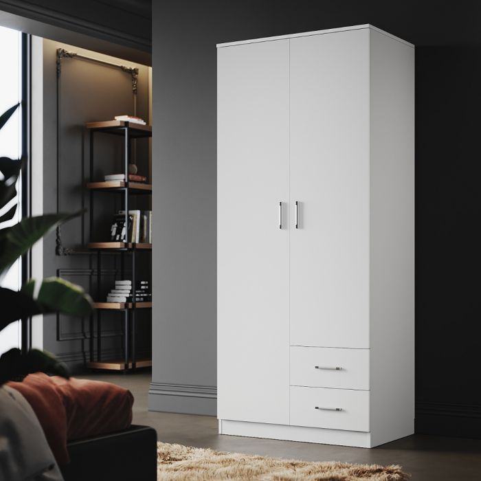 New 2 Drawers 2 Doors White Free- Standing Wardrobe With Large Hanging Space RRP £225 Our Price £185