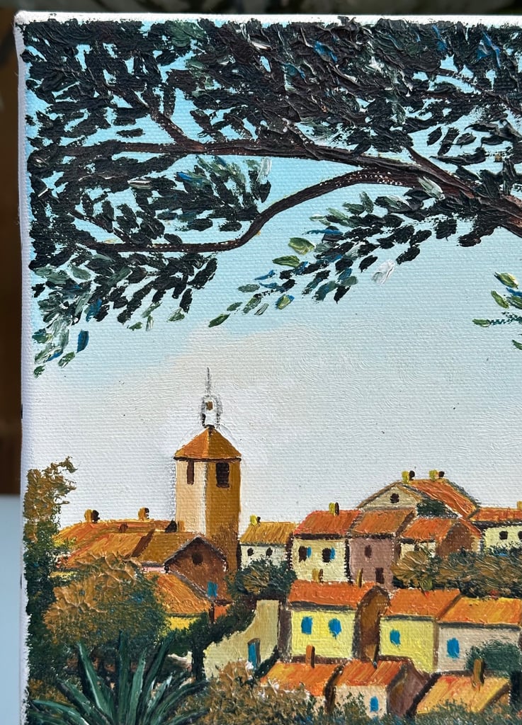 VINTAGE FRENCH OIL PAINTING, OIL ON CANVAS VILLAGE IN PROVENCE, SIGNED - 35x22cm - WILL POST!