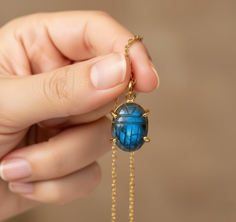 image for Handmade Flashy Labradorite Carved Scarab Necklace, Silver or Gold Finish
