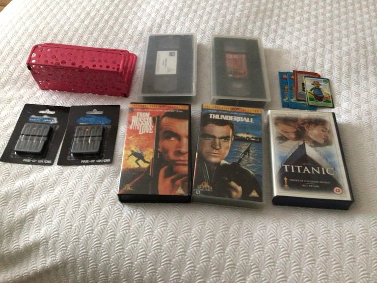 image for VHS tapes,make up crayons ,girls desk tidy,Lego cards 
