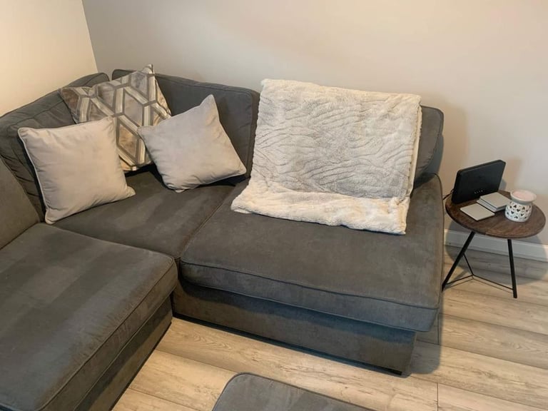 Dark Grey Fabric 4 Seater Corner Couch with Scatter White Cushions & Ottoman Set