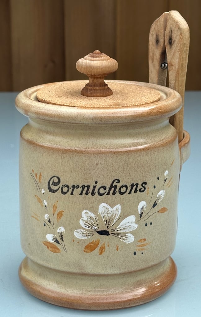 image for VINTAGE FRENCH CORNICHON JAR, STONEWARE PICKLE POT & TONGS, 17 cm tall 12cm Diam - WILL POST!