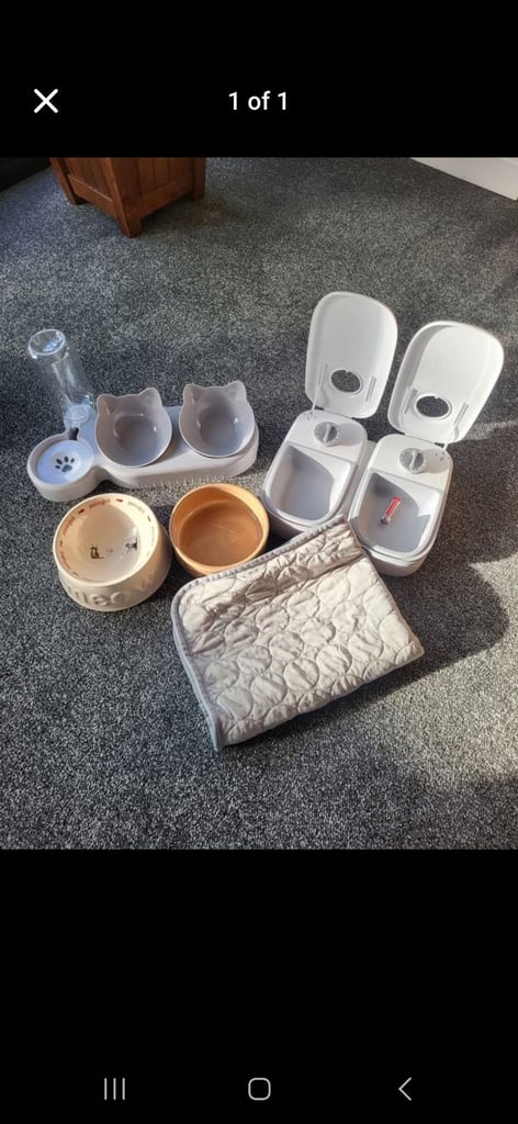 Cat bowls, timer feeder and cooling matt