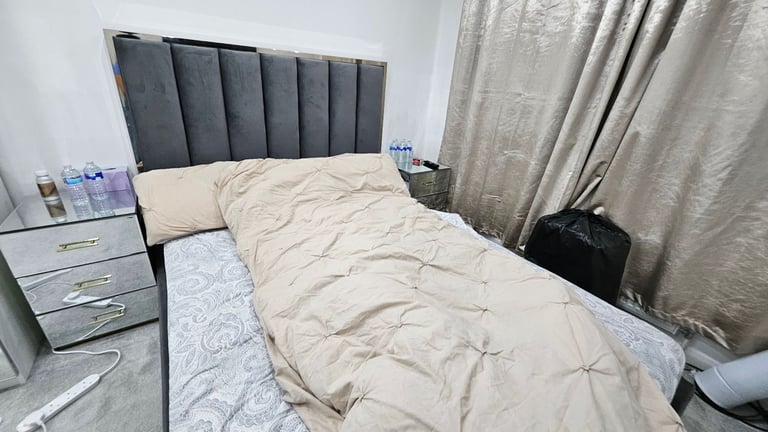 Grey Velvet King Size Ottoman Bed with High Headboard
