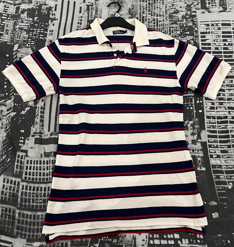 image for Polo Ralph Lauren Striped Polo Shirt – White with Navy & Red Stripes (Size XL)