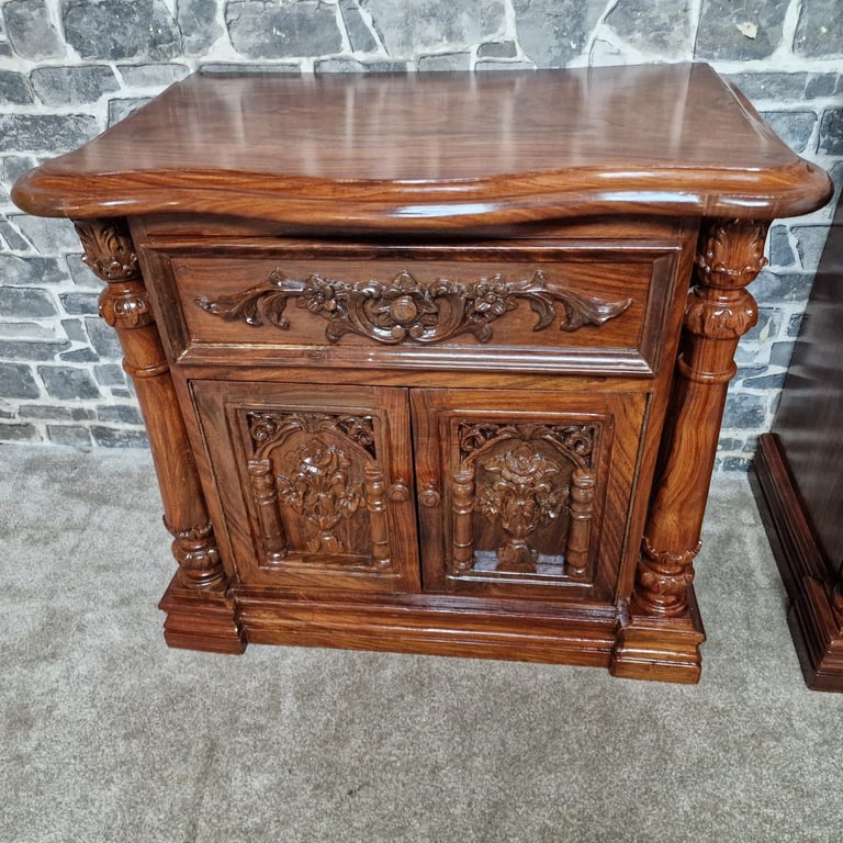 Pair of Hand-Carved Wooden Bedside Cabinets