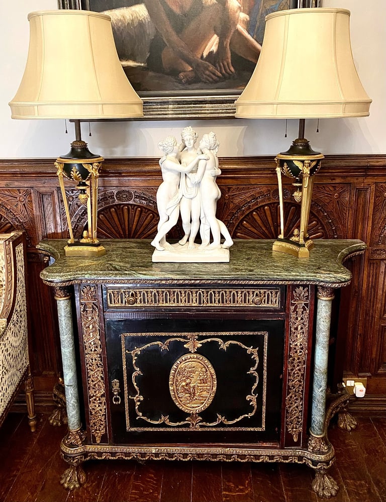 image for French Ebonised cabinet marble top & pillars 