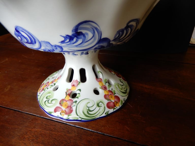 Antique openwork hand painted ceramic fruit bowl