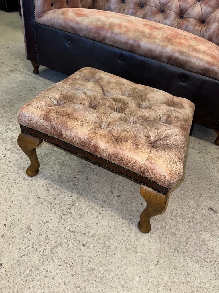 Chesterfield brown leather unique two seater sofa with footstool
