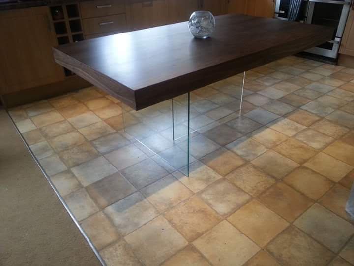 Designer dining table chunky top with glass stand and 6 chairs 