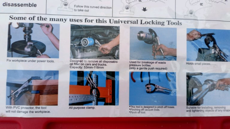 Universal locking clamp, with extra jaws gripping locking onto oil filters etc.