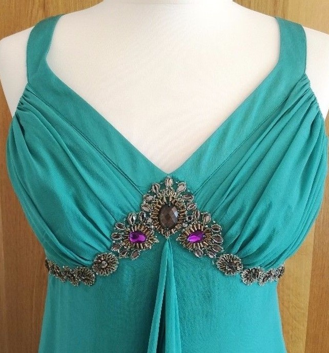 MONSOON DRESS Pure Silk 100% Boho Jade Turquoise Green Gold Bead Design Size 10 Wedding