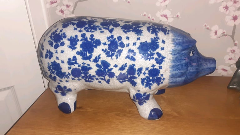 Vintage Large Piggy Bank Blue and white 