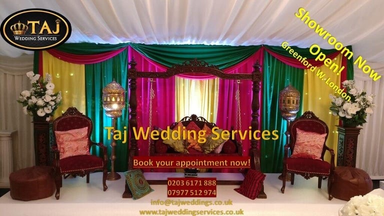 Asian Indian Wedding Mehndi Stages, Backdrops, Decor, Chair Covers, Wedding Lights, Flower Wall