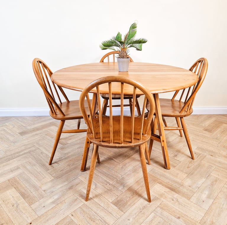 Ercol Windsor Vintage Mid Century Solid Elm Danish Design Drop Leaf Table and Chair Set