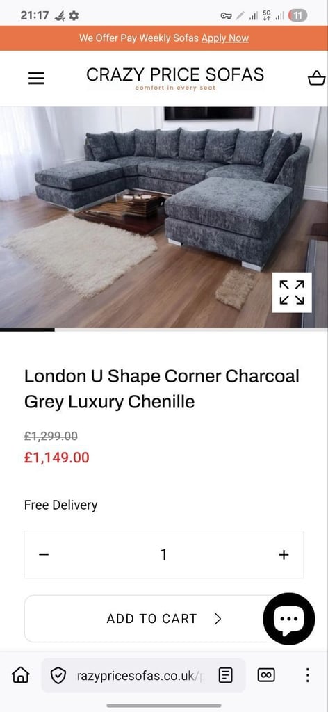 London U shape corner charcoal grey luxury chenille