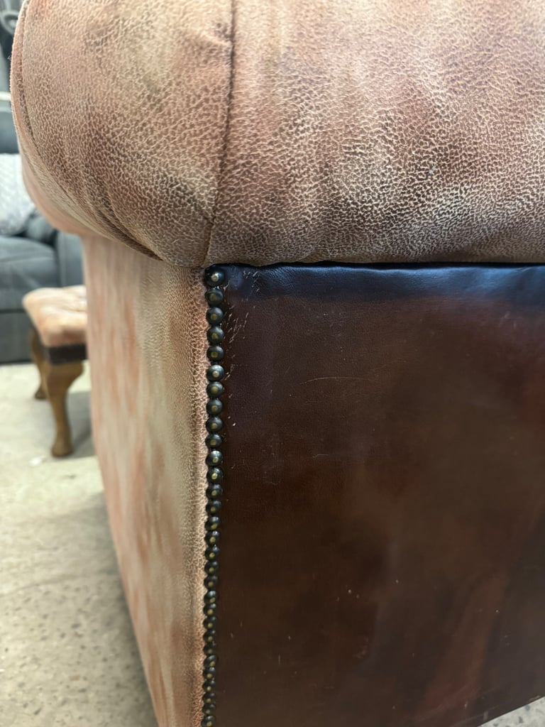 Chesterfield brown leather unique two seater sofa with footstool