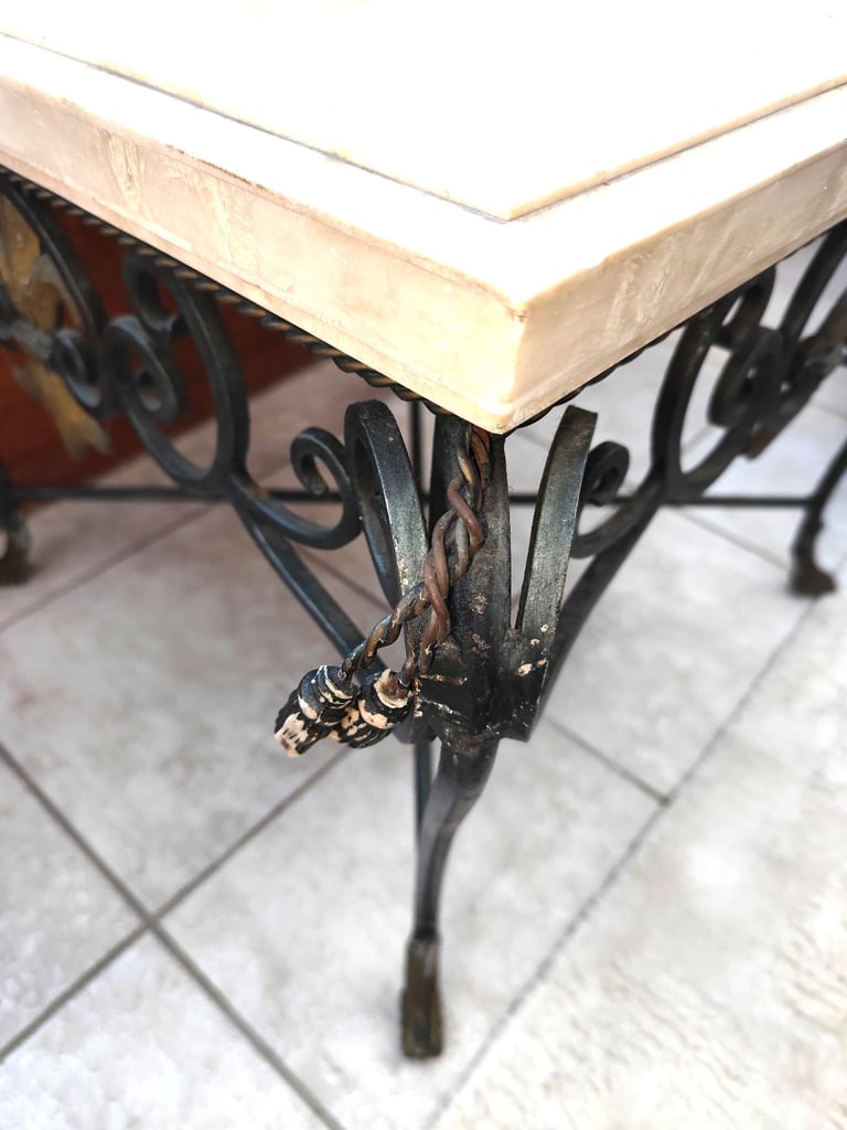 VINTAGE FRENCH MARBLE WROUGHT IRON SIDE TABLE C 1920S HEAVY SOLID