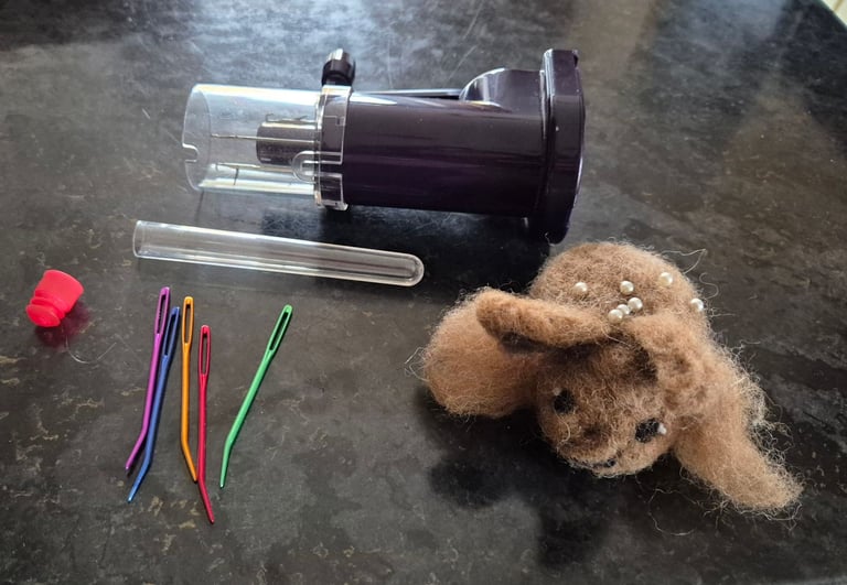 image for Hand knitting mill, 5 large eye bent end needles, and little rabbit pin cushion. 