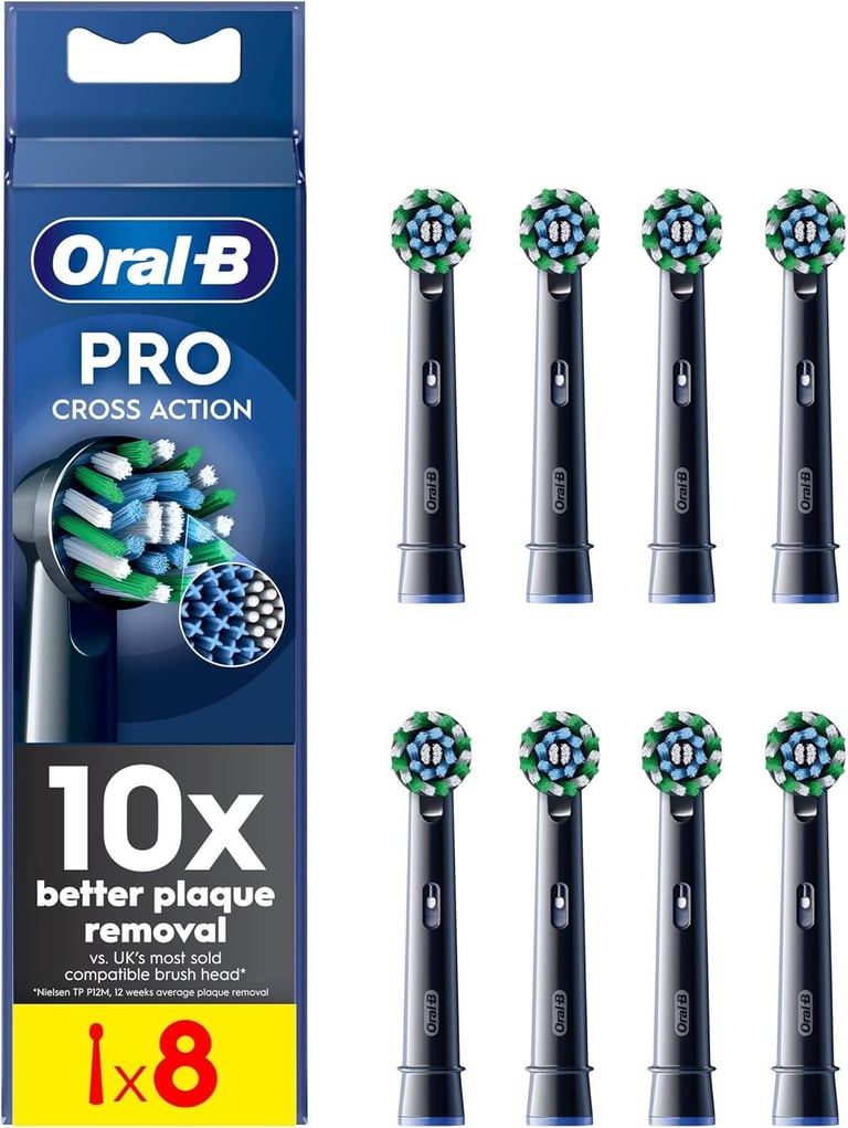 image for ORAL B PRO CROSS ACTION PACK OF 8 REPLACEMENT ELECTRIC TOOTHBRUSH HEAD,BLACK