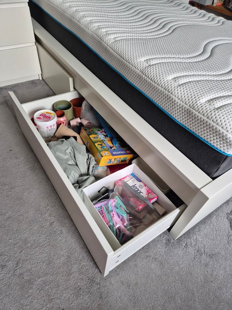 Ikea MALM single divan bed with mattress, 2 storage boxes, white