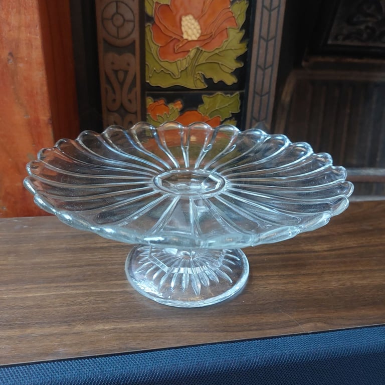 Vintage 1960's Floral Glass Cake Stand On Pillar Pedastal 