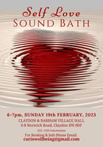 Self Love Sound Bath 6-7pm Sunday 19th February 2023 Claydon Village Hall Relax Healing Meditation
