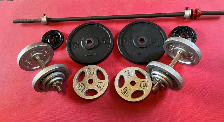 image for 70kg cast iron weights set - barbell and pair of dumbbells. Home gym weight set