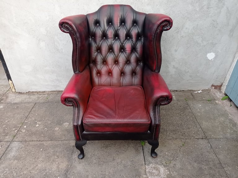 image for A Red Leather Chesterfield Queen Ann/Wing Armchair