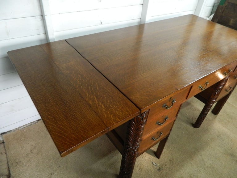Solid Oak Heavily Carved Pedestal desk