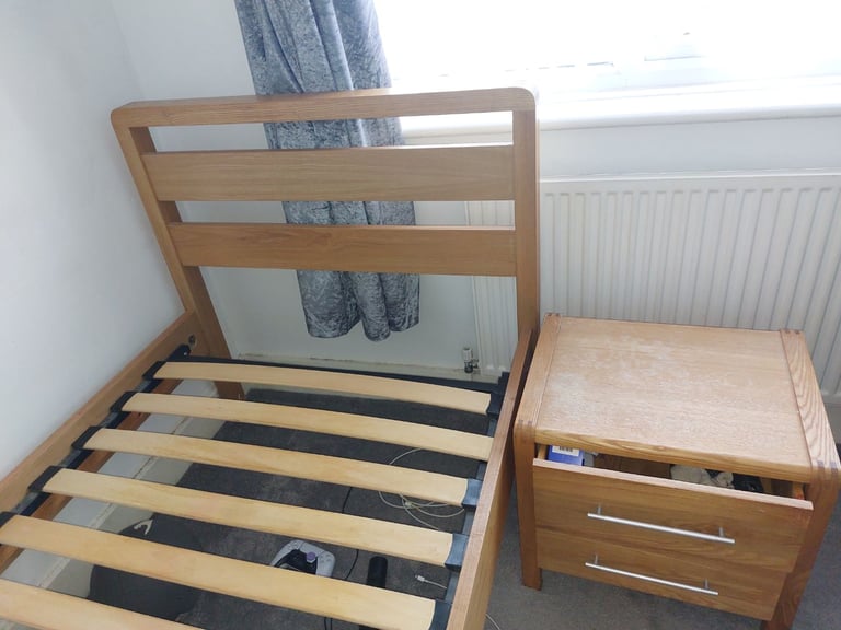 Real pine wood single bed with bedside and mattress 