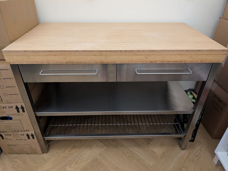 IKEA RIMFORSA Work bench, kitchen island, stainless steel/bamboo, 120x63.5x92cm