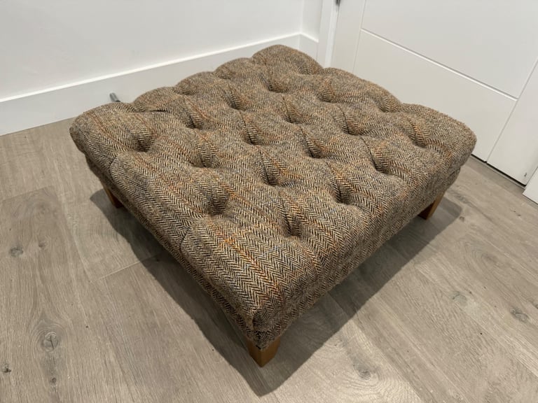 Harris Tweed Fabric Herringbone Buttoned Chesterfield Chair Low Footstool