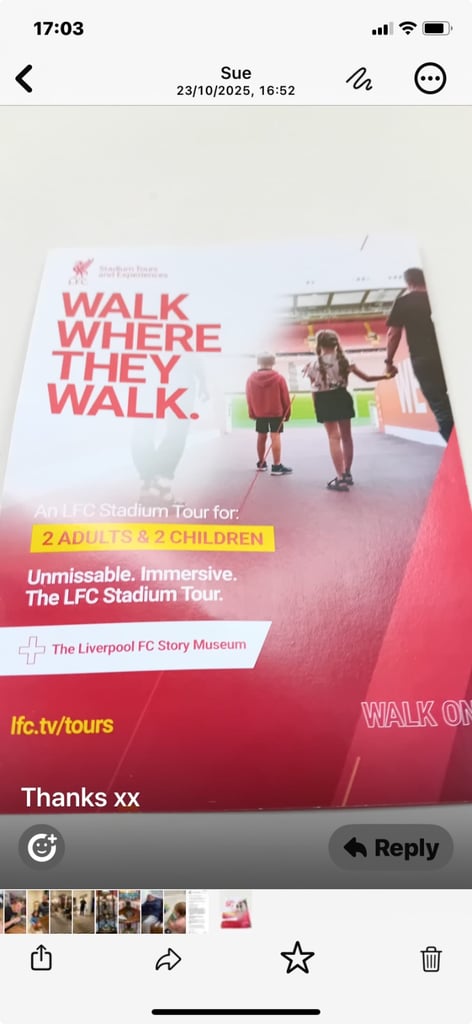 Ticket for tour of luverpool stadium and museum. 2 adults and 2 kids 