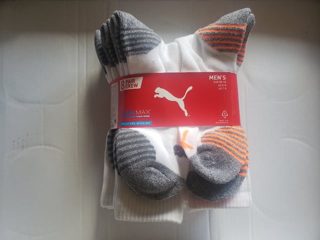 8 Pair Puma Men s Cool Max Moisture Wicking Crew Socks White Grey
