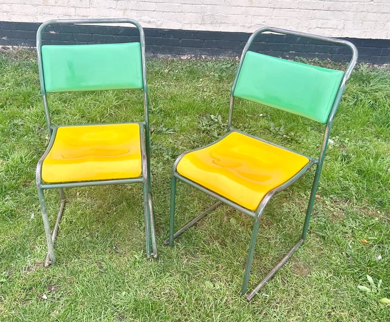 Yellow stacking vintage chairs antique dining kitchen industrial restaurant retro seating cafe