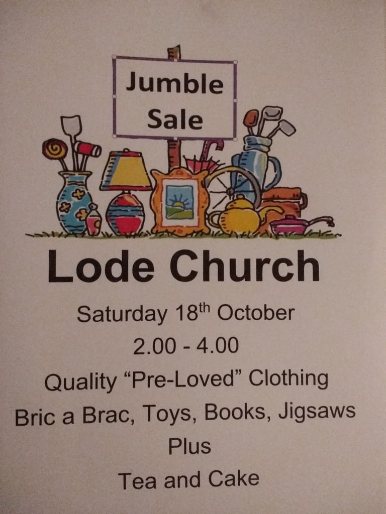 Jumble Sale Lode Church Saturday 18 October 2-4pm