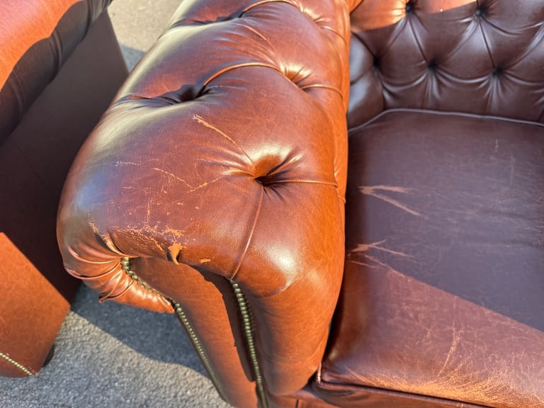 Pair of chesterfield faux brown leather club armchairs 