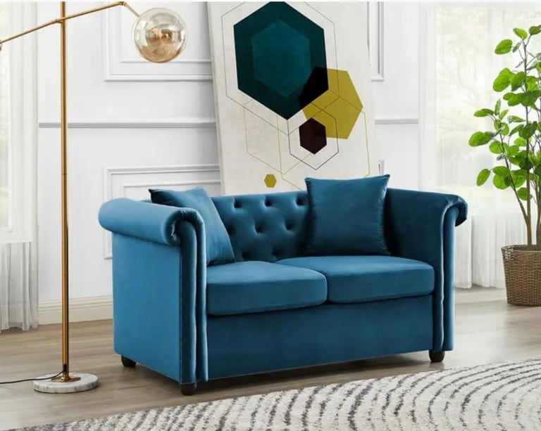 image for New Velvet 2 Seater Sofa Couch Living Room Furniture Blue Settee Sale 