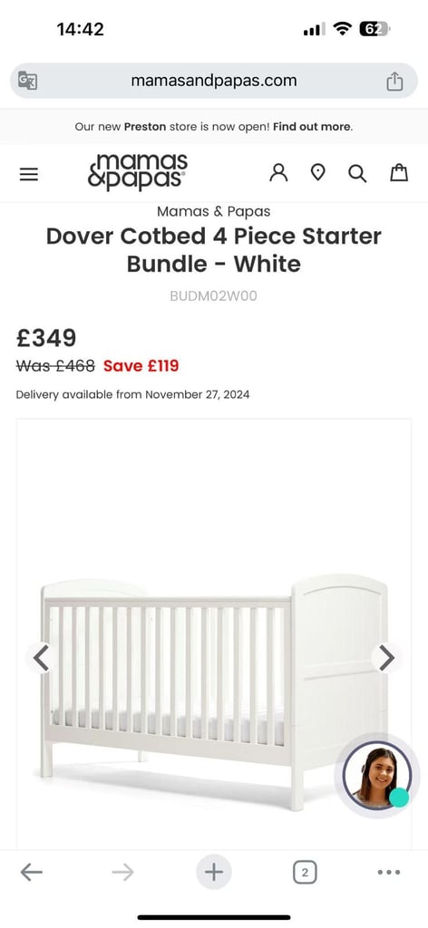 Mamas & papas cotbed and matress retail worth £350